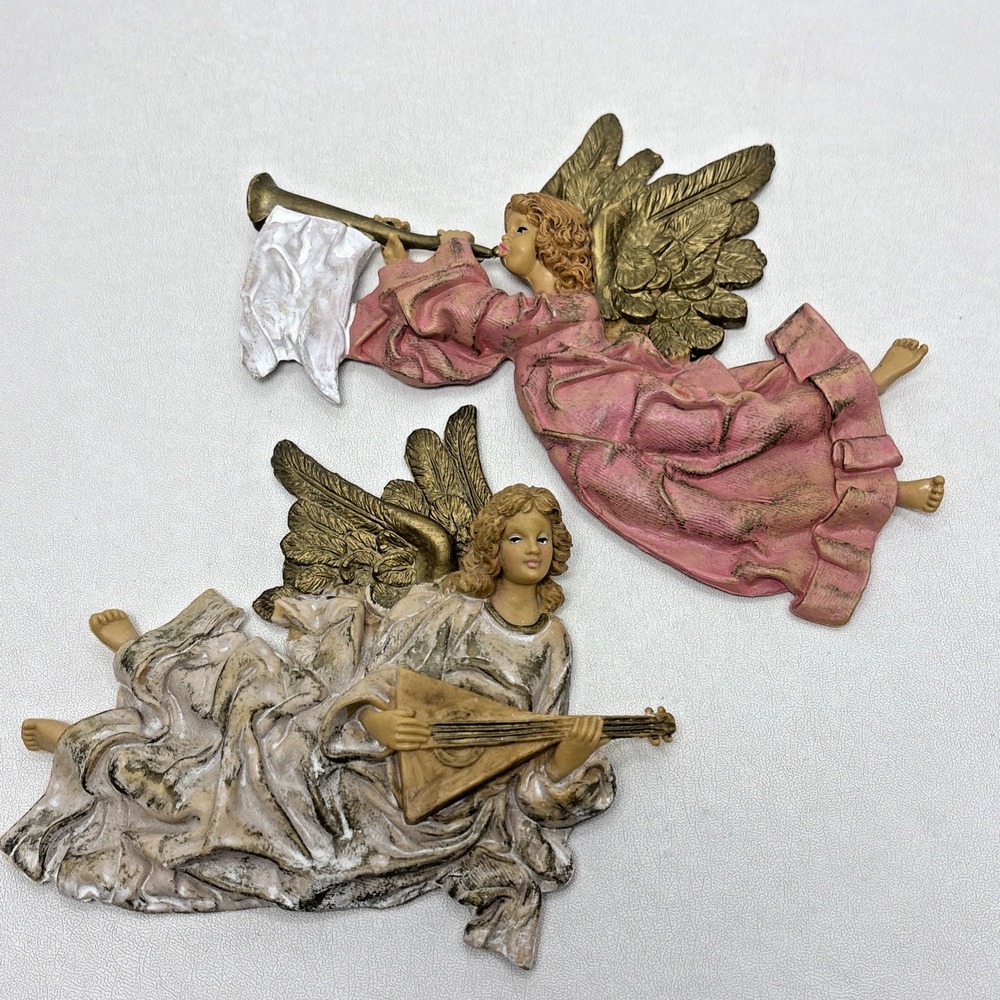 Set Of 2 Italy Lord & Taylor Angel W/Mandolin Trumpet Plaque Wall Hanging Vtg